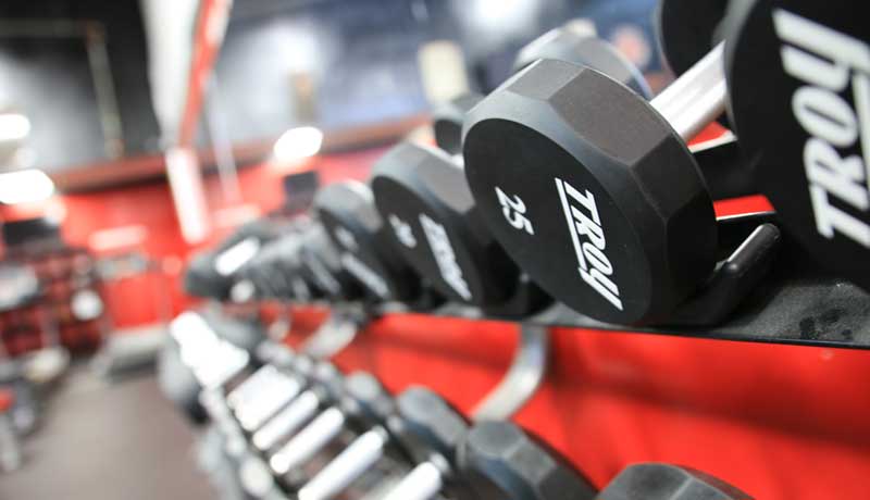 Weights on rack at gym